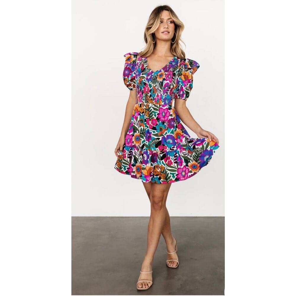 Baltic Born Dress Womens Size 3X Multicolor Floral Smocked Puff Sleeve Mini